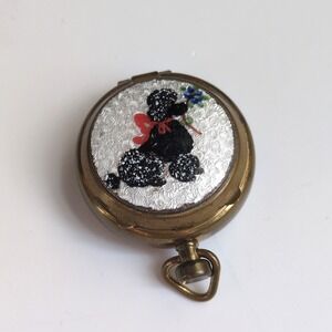 Vtg Black Poodle Dog w/ Flower Pill Box Pendant Gold Brass Compact